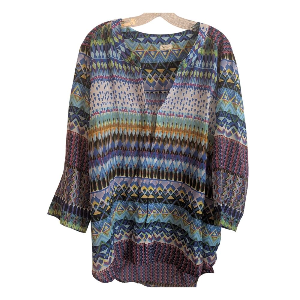 Antilia Femme Womens 2X Flowy Semi Sheer Short Sleeve Tunic Top Geometric bh